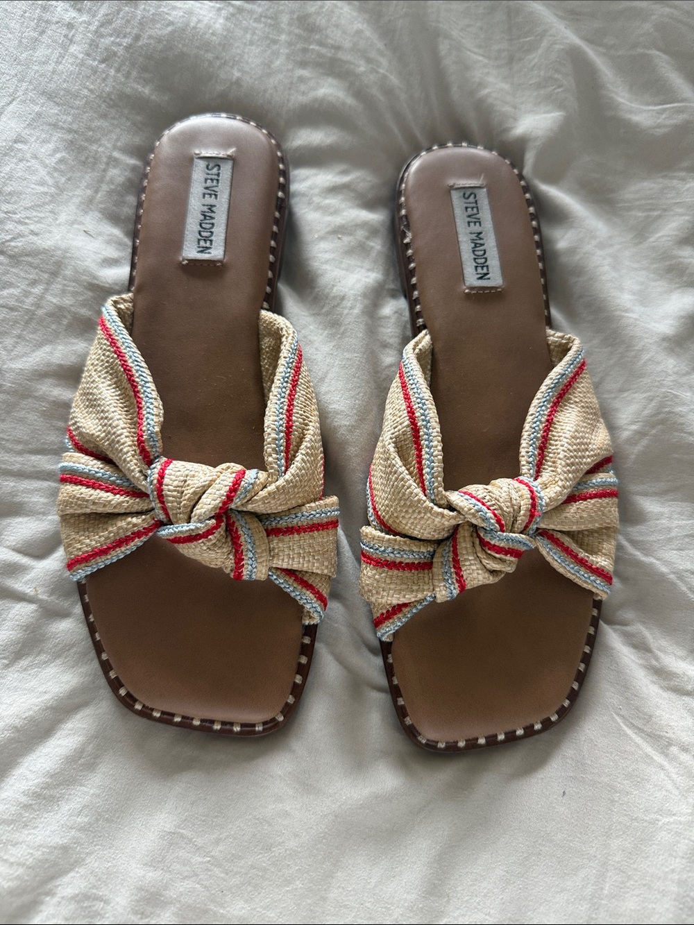 Steve Madden Striped Knot Slide Sandals in Beige with Red & Blue Accents